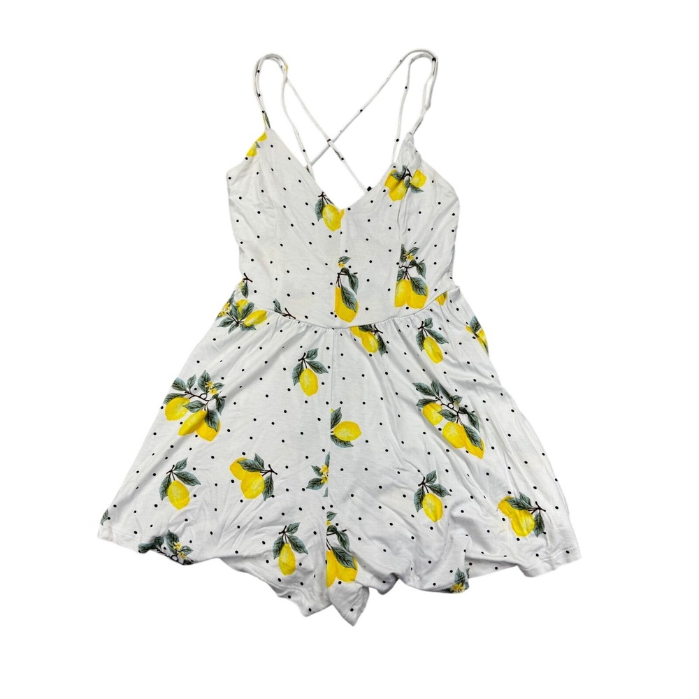 Forever 21 Lemon Polka Dot Romper Ivory Yellow V-Neck Open Back Small NEW